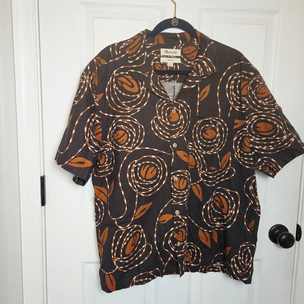 Madewell Shirt Mens Large Brown Floral Hemp Cotton Button Up Camp Boxy NEW